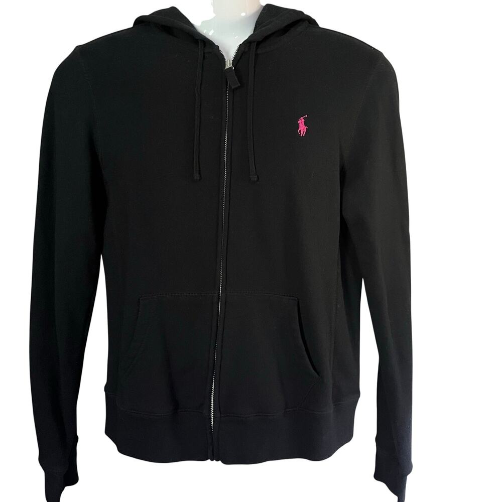Ralph Lauren Sport Black Hoodie Sweatshirt Full Zip Pony Logo Large Lightweight